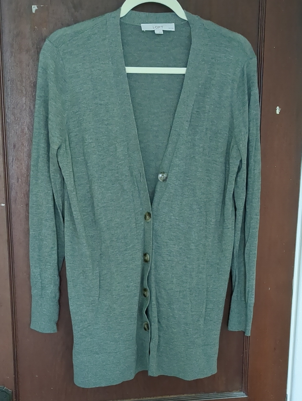 LOFT Longline Button-Front Cardigan in Heather Green